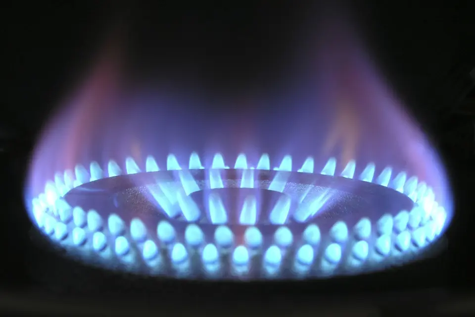 Ring of bright blue flames burning on a gas hob burner against a dark background