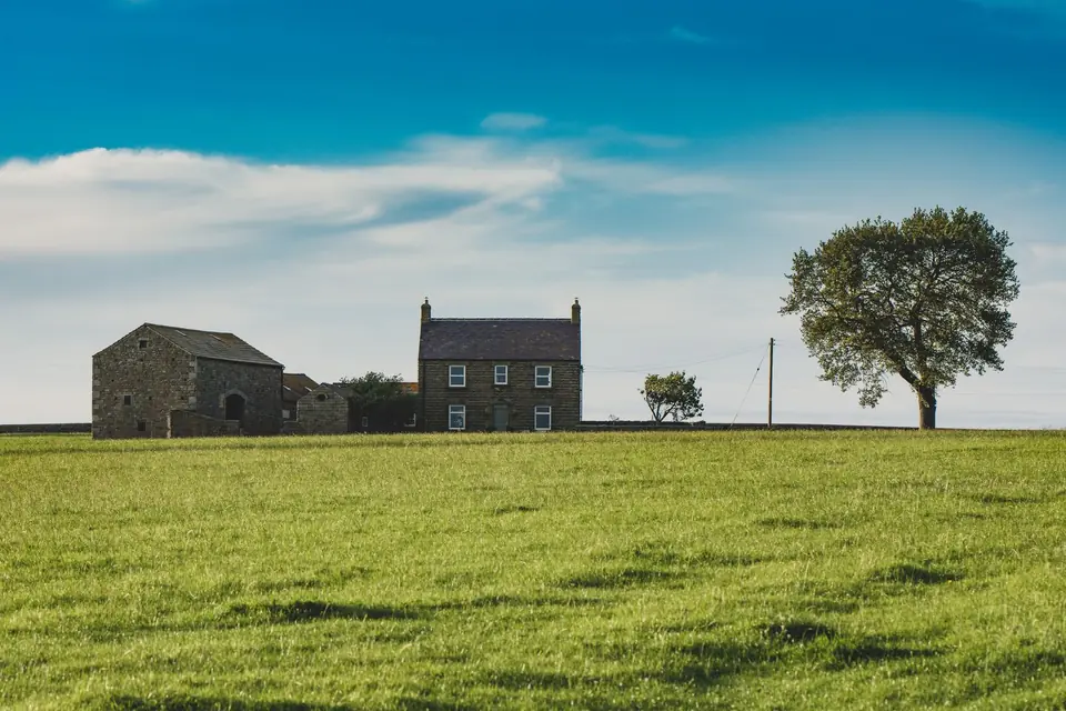 Stone farmhouse and barn standing alone in an open green field under a blue sky, with a single tree nearby