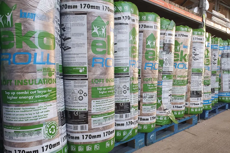 Packs of 170 mm mineral wool loft insulation stacked for sale